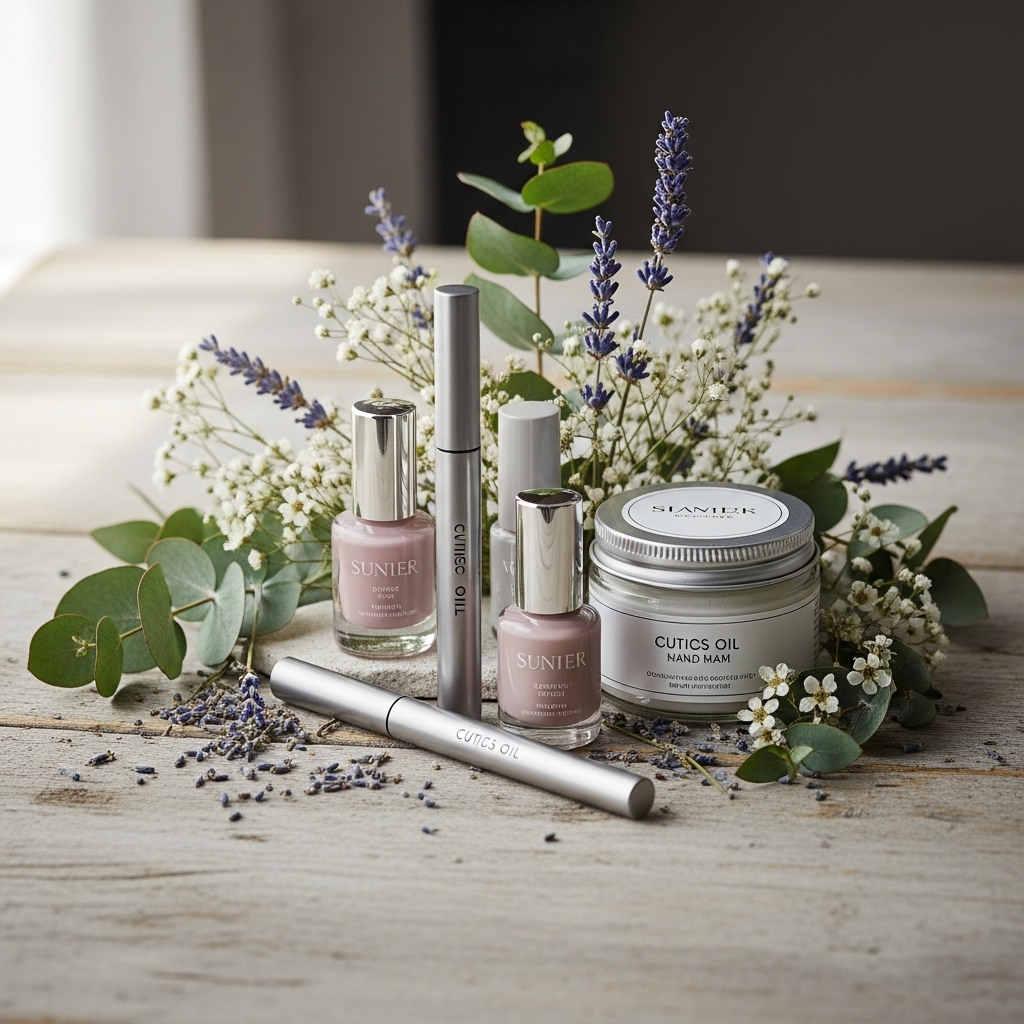 Premium Nail Products Display of Constructaendors premium nail products arranged artistically with botanical elements