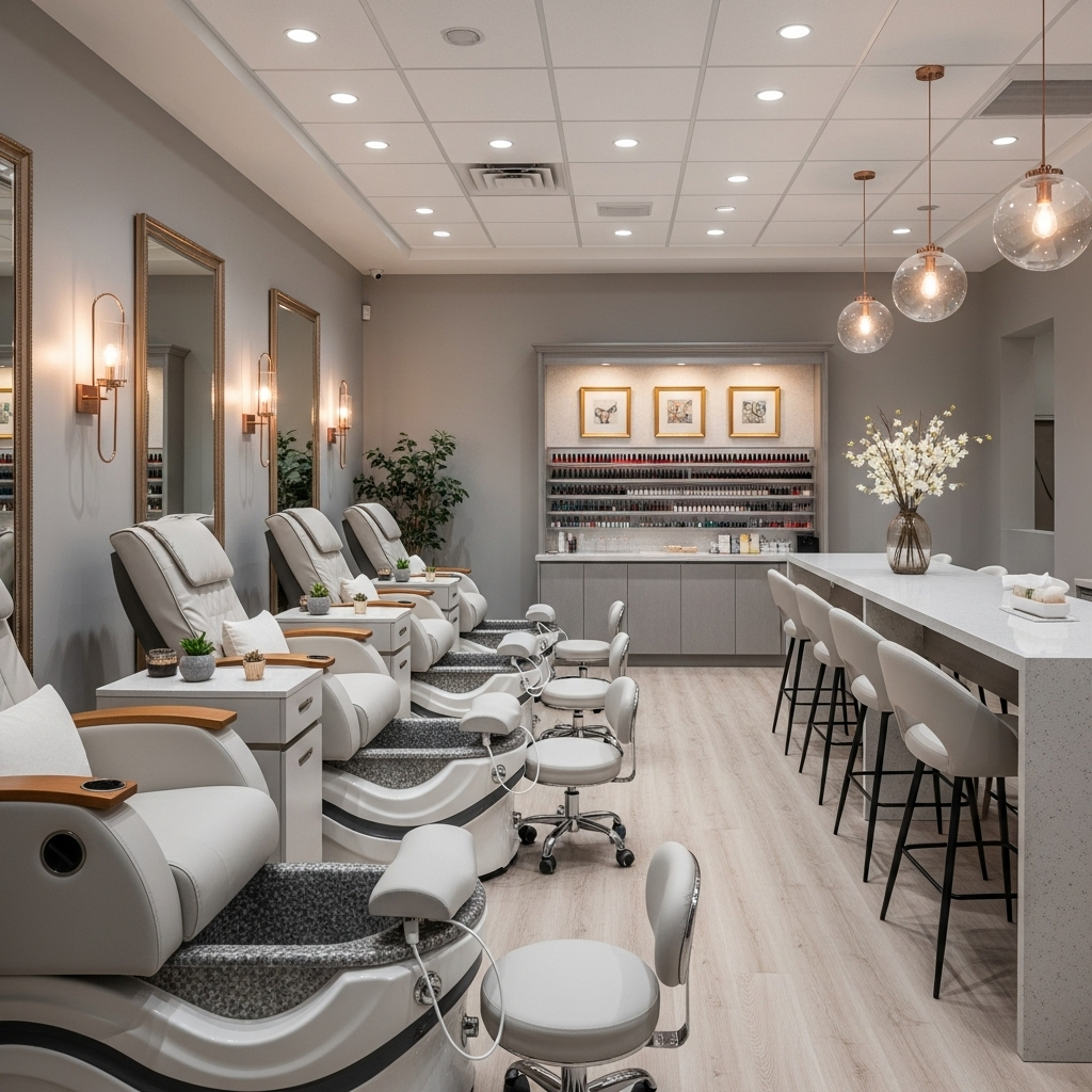 Salon Atmosphere Constructaendors Nail Salon elegant interior with soft lighting and modern design elements