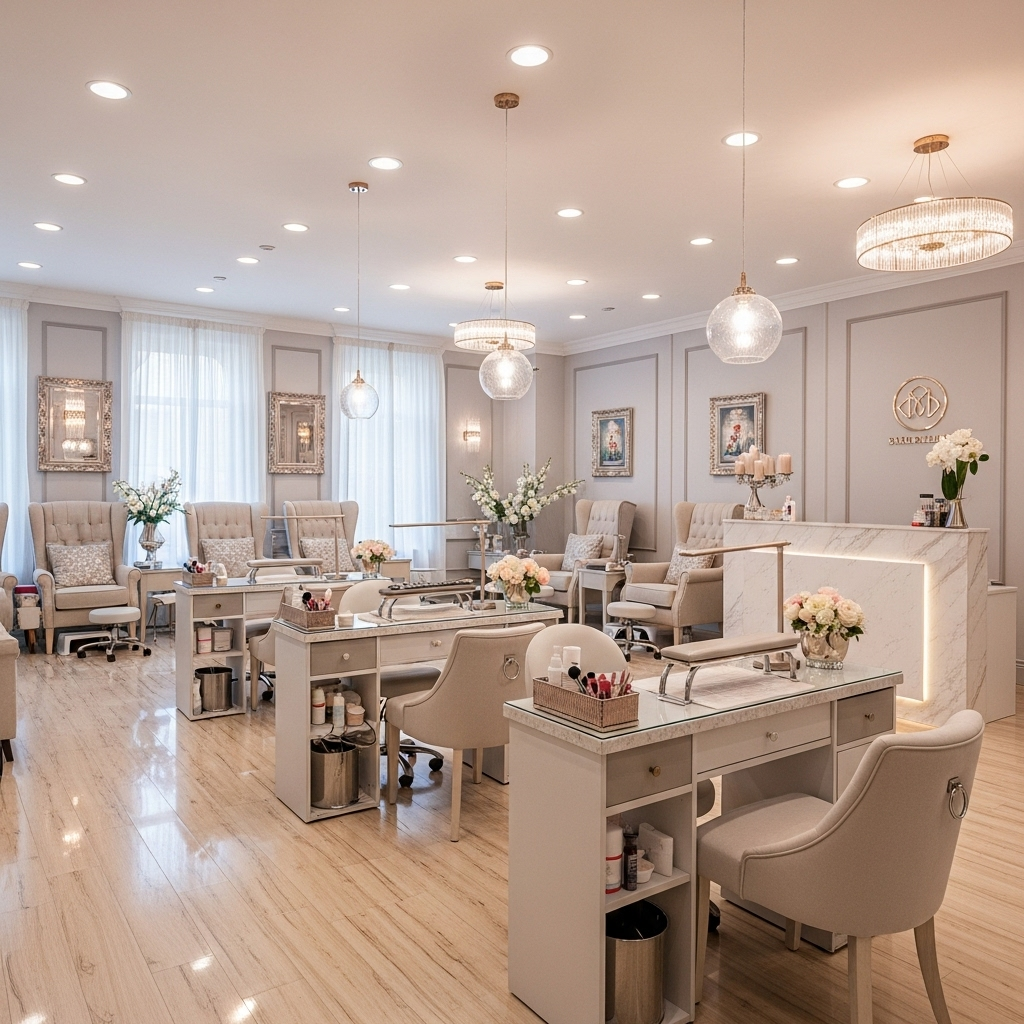 Constructaendors Salon Interior Constructaendors Nail Salon interior featuring elegant decor and comfortable seating